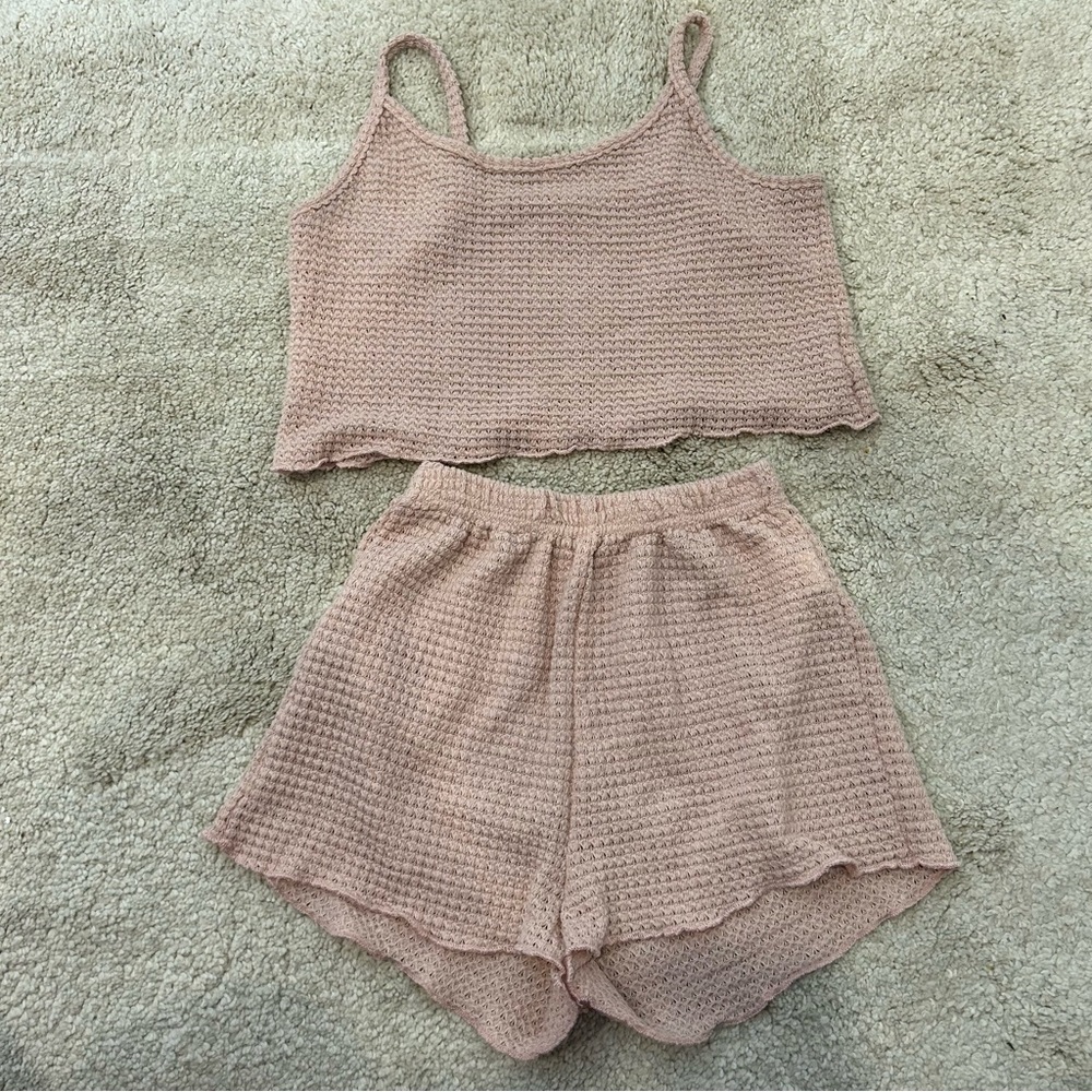 ☀️ 3/$15 SHEIN Lettuce Trim Waffle Knit Tank Top & Shorts Set Pink